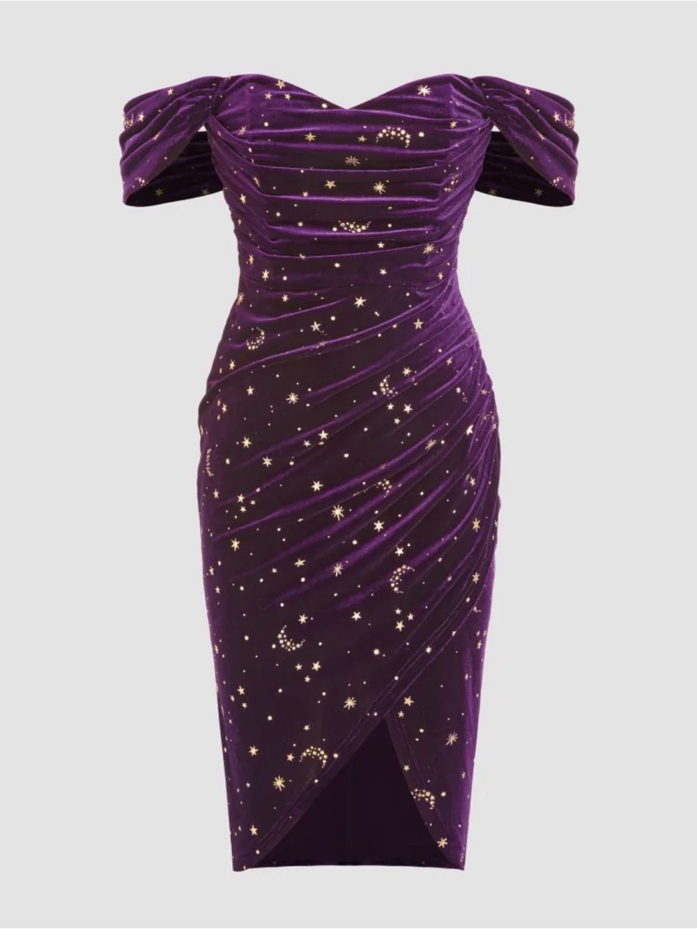 Off-Shoulder Purple Velvet Midi Dress with Star & Moon Embellishments